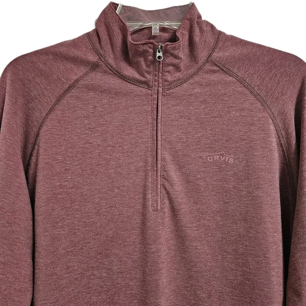 Orvis Pullover Mens M Burgundy Trout Bum Quarter Zip Mock Neck Heathered Stretch